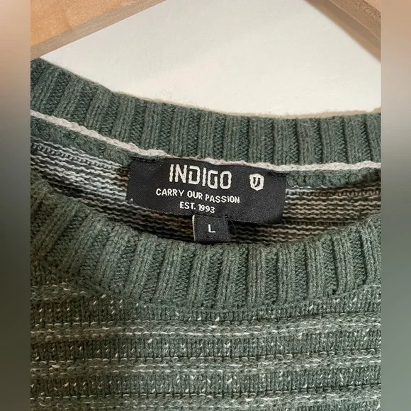 Índigo Men's Crew Neck Cabincore Academia Sweater Cotton Size Large Green Knit - Picture 2 of 8